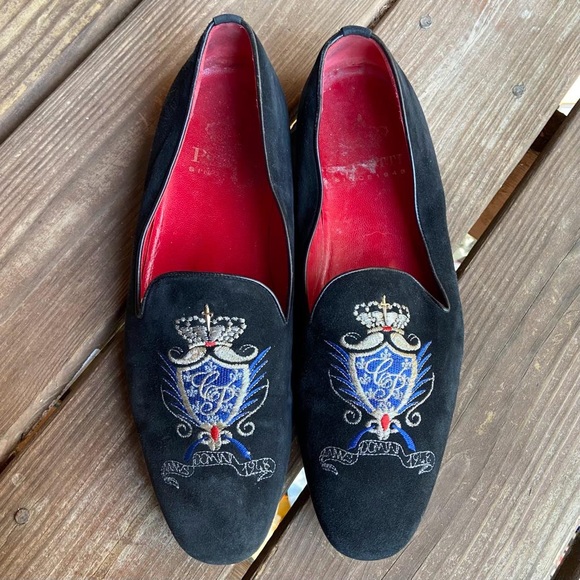 Cesare Paciotti Black Suede Embroidered Crest Smoking Slippers Loafers Men's 8 - Picture 4 of 10